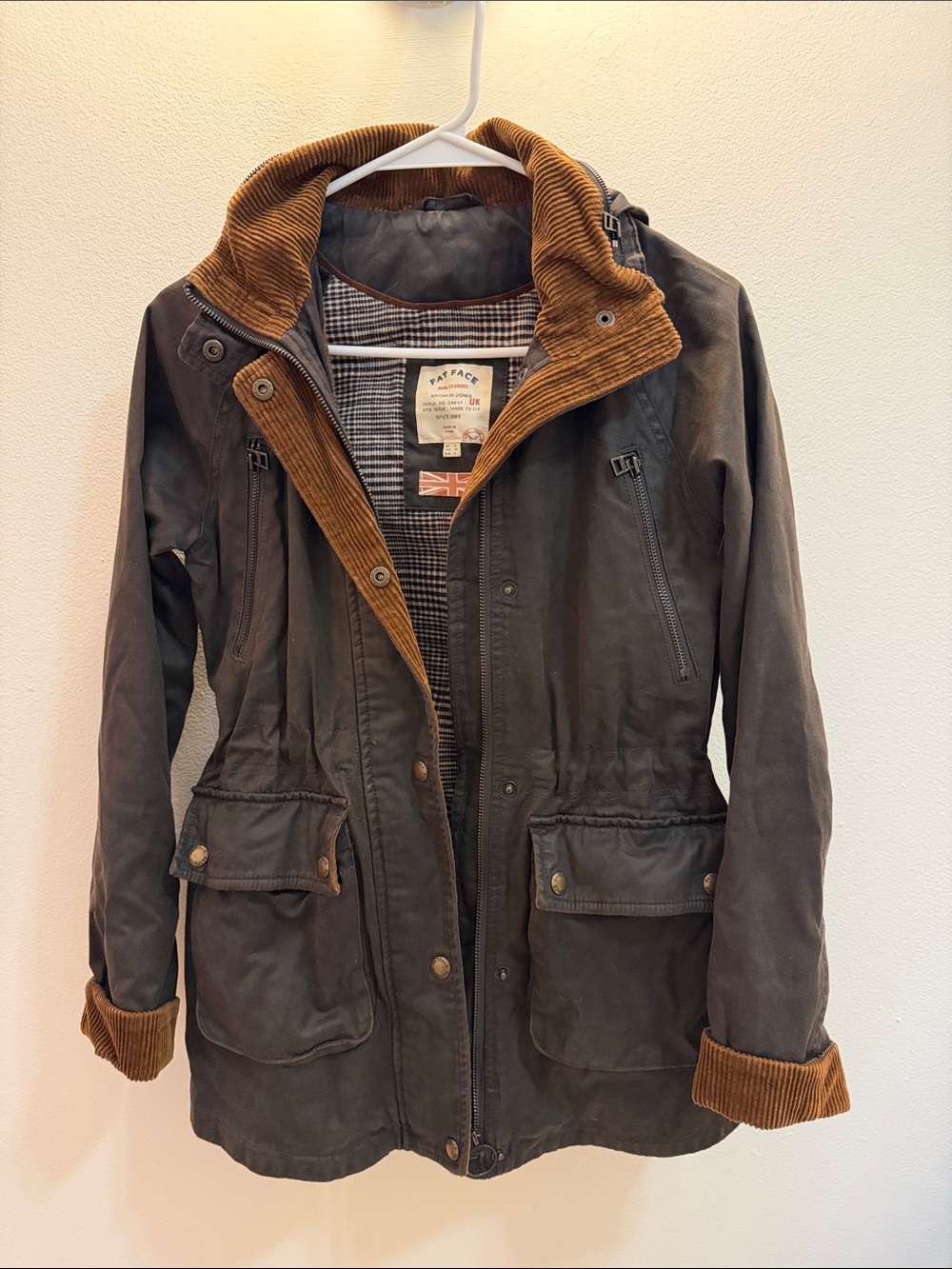 Fat Face Brown Waxed Trench Coat with Tan Corduroy Trim